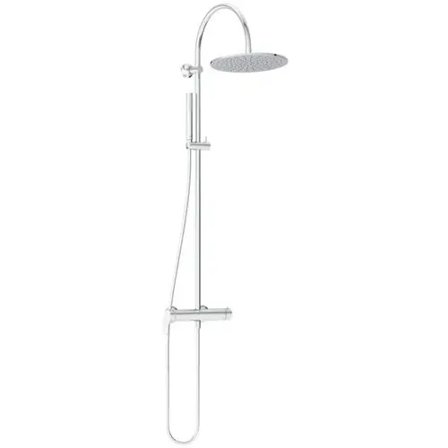 Duschsystem in Chromoptik mit wandmontiertem Brausearm und regenduschähnlichem Kopf, hergestellt von Ideal Standard.